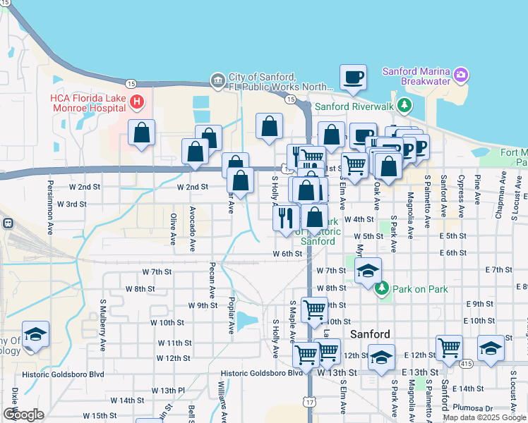 map of restaurants, bars, coffee shops, grocery stores, and more near 325 Cedar Avenue in Sanford