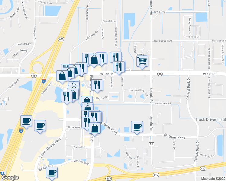 map of restaurants, bars, coffee shops, grocery stores, and more near 3211 San Jacinto Circle in Sanford