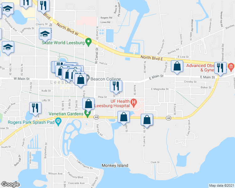 map of restaurants, bars, coffee shops, grocery stores, and more near 550 East Dixie Avenue in Leesburg