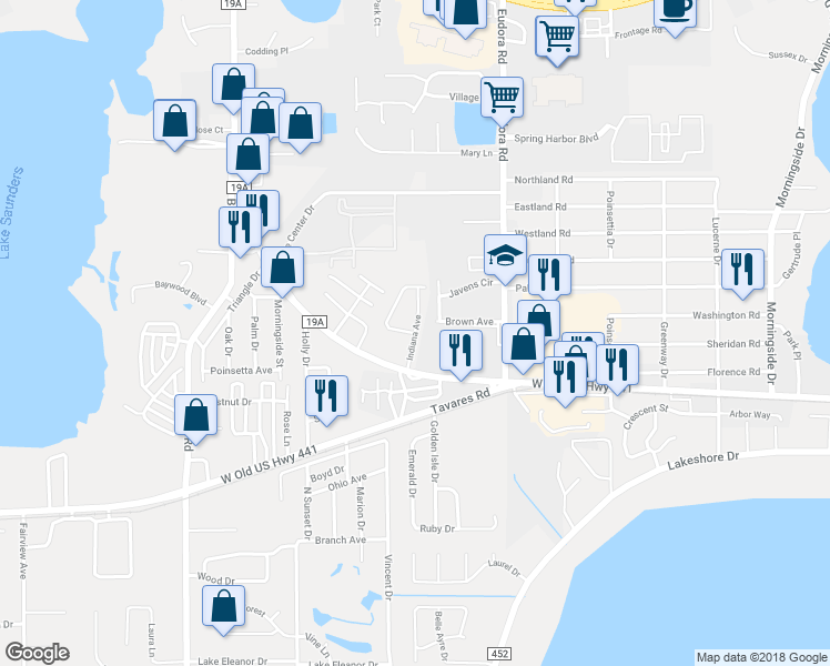 map of restaurants, bars, coffee shops, grocery stores, and more near 1389 Indiana Avenue in Mount Dora