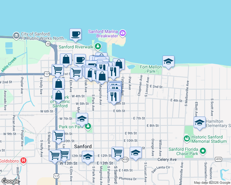 map of restaurants, bars, coffee shops, grocery stores, and more near 321 South Sanford Avenue in Sanford