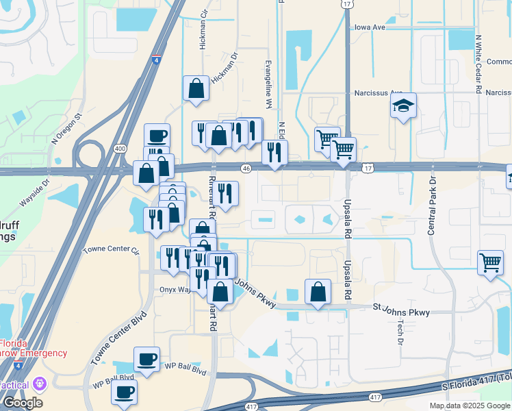 map of restaurants, bars, coffee shops, grocery stores, and more near 3320 San Jacinto Circle in Sanford