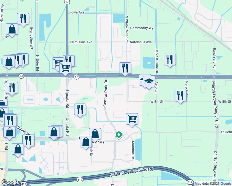 map of restaurants, bars, coffee shops, grocery stores, and more near 301 Central Park Drive in Sanford
