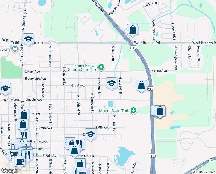 map of restaurants, bars, coffee shops, grocery stores, and more near 1405 Lincoln Avenue in Mount Dora