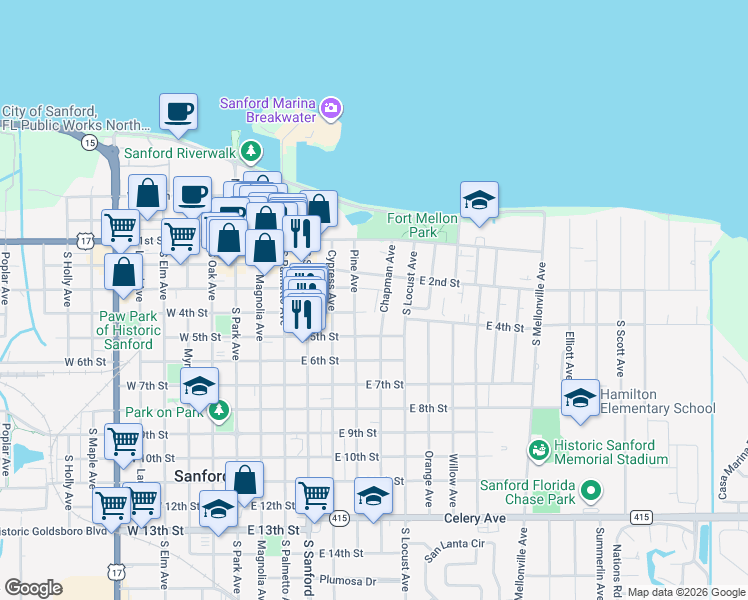map of restaurants, bars, coffee shops, grocery stores, and more near 409 Pine Avenue in Sanford