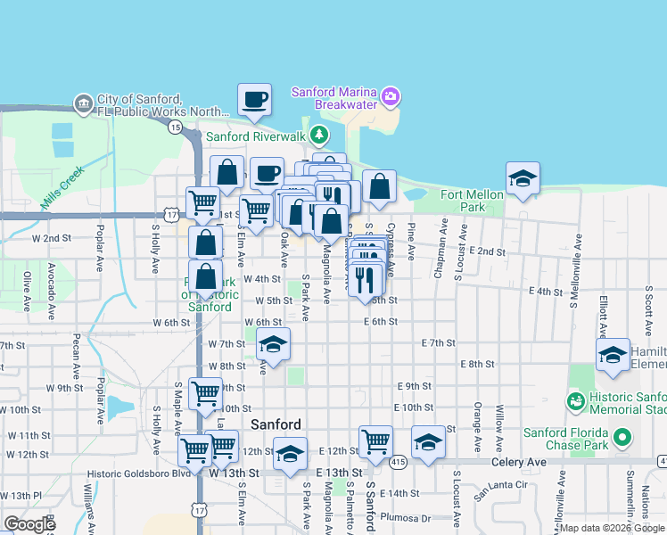 map of restaurants, bars, coffee shops, grocery stores, and more near 321 Magnolia Avenue in Sanford
