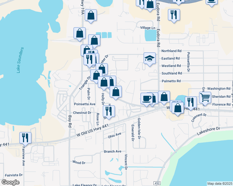 map of restaurants, bars, coffee shops, grocery stores, and more near 3635 County Road 19A in Mount Dora