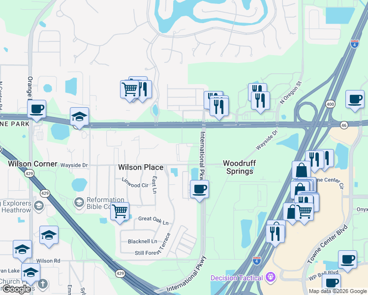 map of restaurants, bars, coffee shops, grocery stores, and more near 5038 Broadstone Reserve Circle in Sanford