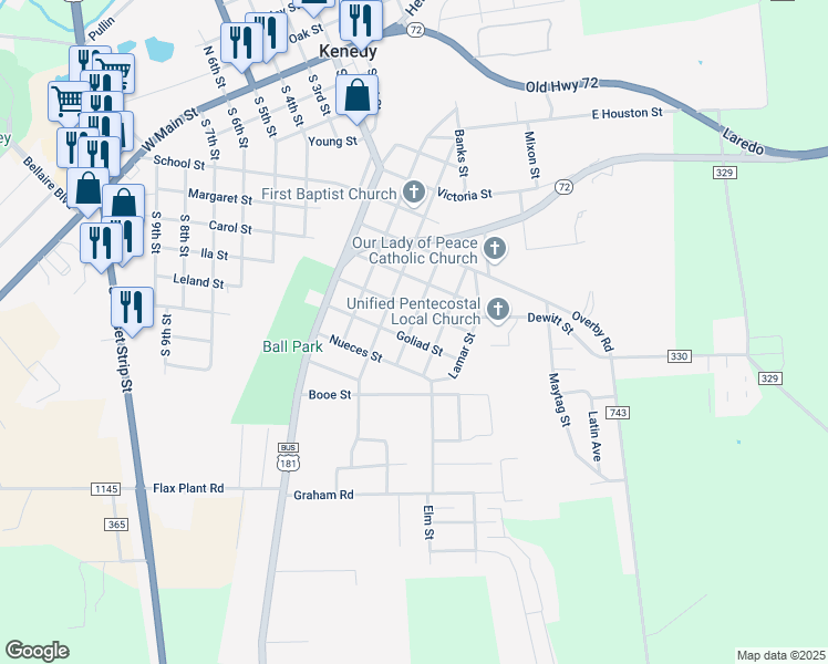 map of restaurants, bars, coffee shops, grocery stores, and more near 402 Goliad Street in Kenedy