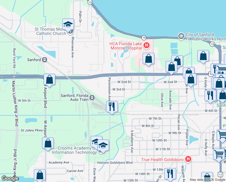 map of restaurants, bars, coffee shops, grocery stores, and more near 1913 West 3rd Street in Sanford