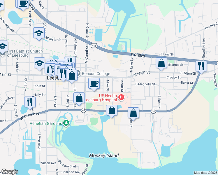 map of restaurants, bars, coffee shops, grocery stores, and more near 550 East Dixie Avenue in Leesburg