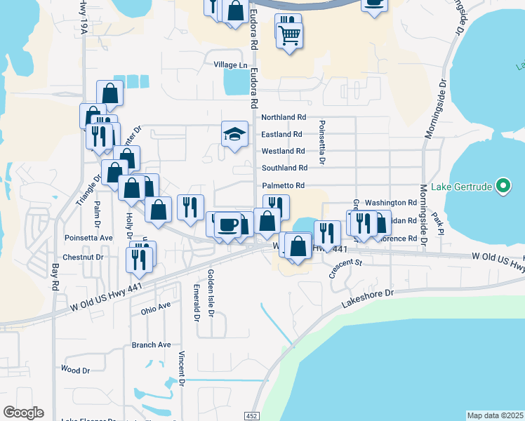 map of restaurants, bars, coffee shops, grocery stores, and more near 1400 Eudora Road in Mount Dora