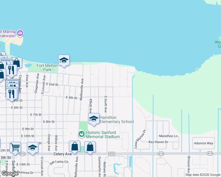 map of restaurants, bars, coffee shops, grocery stores, and more near 210 South Virginia Avenue in Sanford