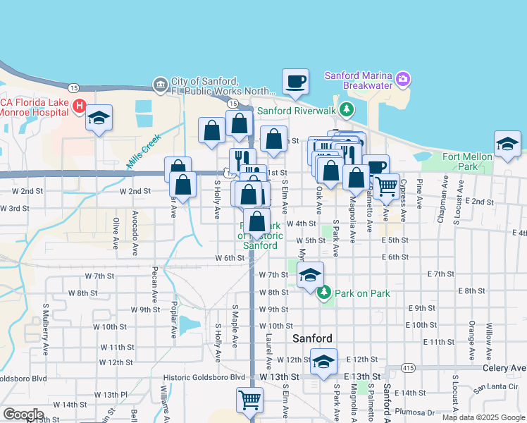 map of restaurants, bars, coffee shops, grocery stores, and more near 500 W 4th St in Sanford