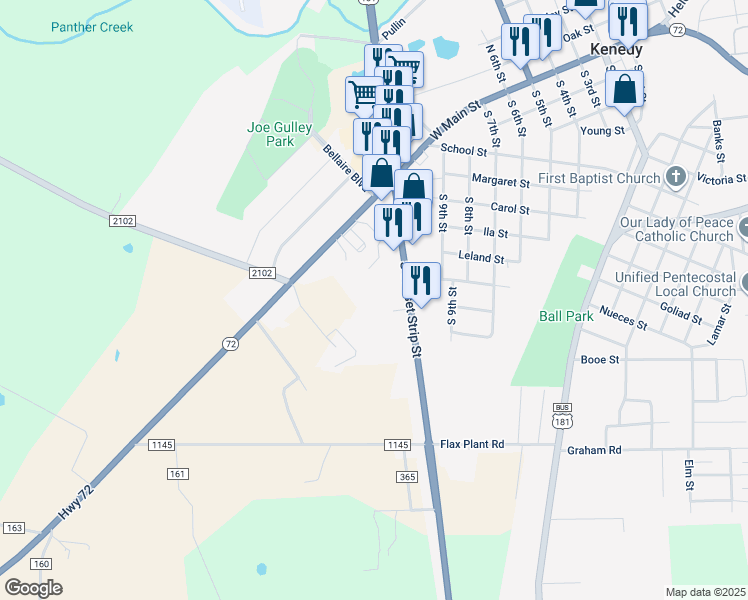 map of restaurants, bars, coffee shops, grocery stores, and more near G County Road 163 in Kenedy
