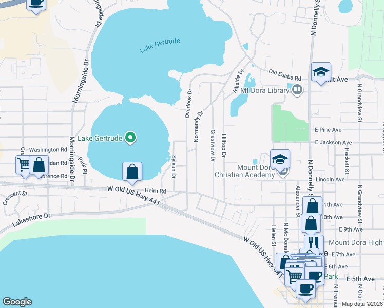 map of restaurants, bars, coffee shops, grocery stores, and more near 1416 Normandy Drive in Mount Dora