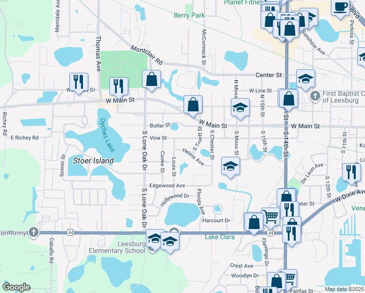 map of restaurants, bars, coffee shops, grocery stores, and more near 2014 Helms Avenue in Leesburg