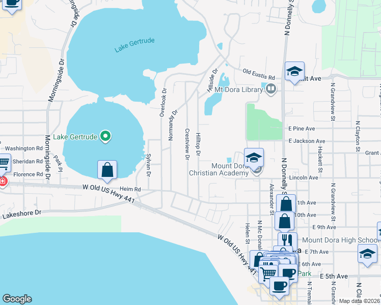 map of restaurants, bars, coffee shops, grocery stores, and more near 1426 Crestview Drive in Mount Dora