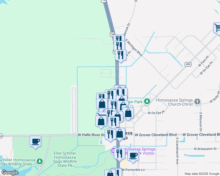 map of restaurants, bars, coffee shops, grocery stores, and more near 8799 W Faust Ln in Homosassa