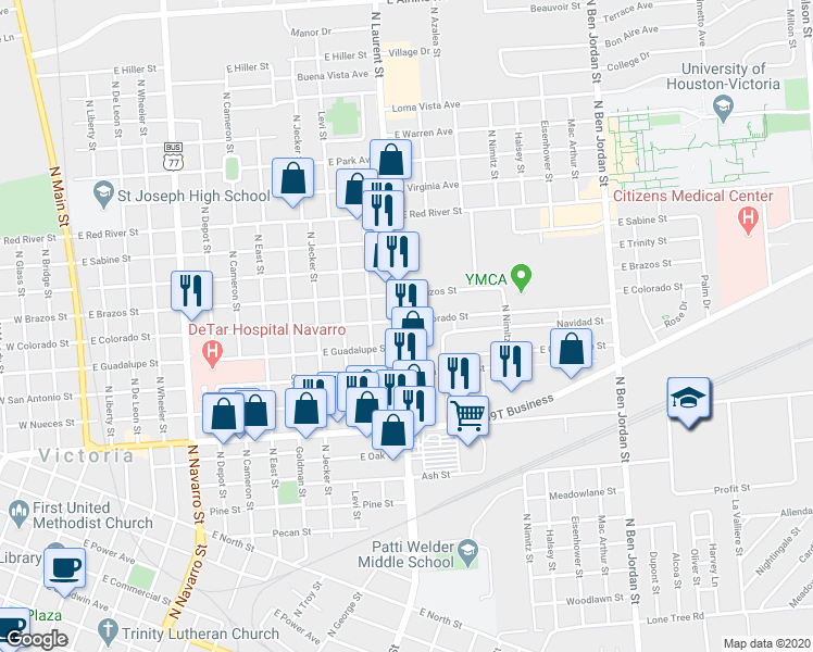 map of restaurants, bars, coffee shops, grocery stores, and more near 1708 North Laurent Street in Victoria