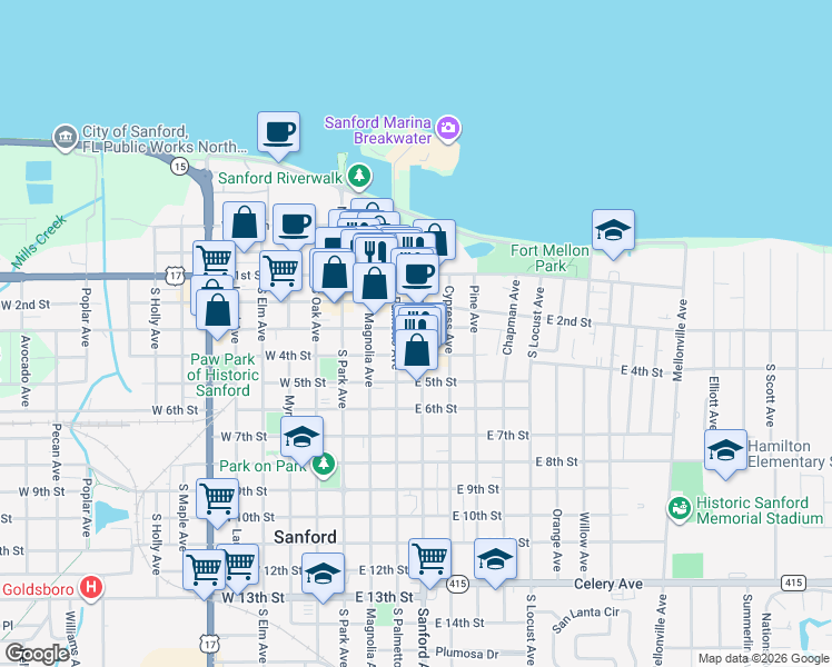 map of restaurants, bars, coffee shops, grocery stores, and more near 307 East 2nd Street in Sanford