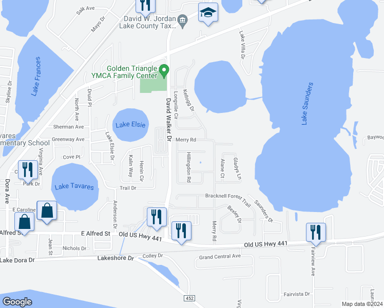 map of restaurants, bars, coffee shops, grocery stores, and more near 3931 Hillingdon Road in Tavares