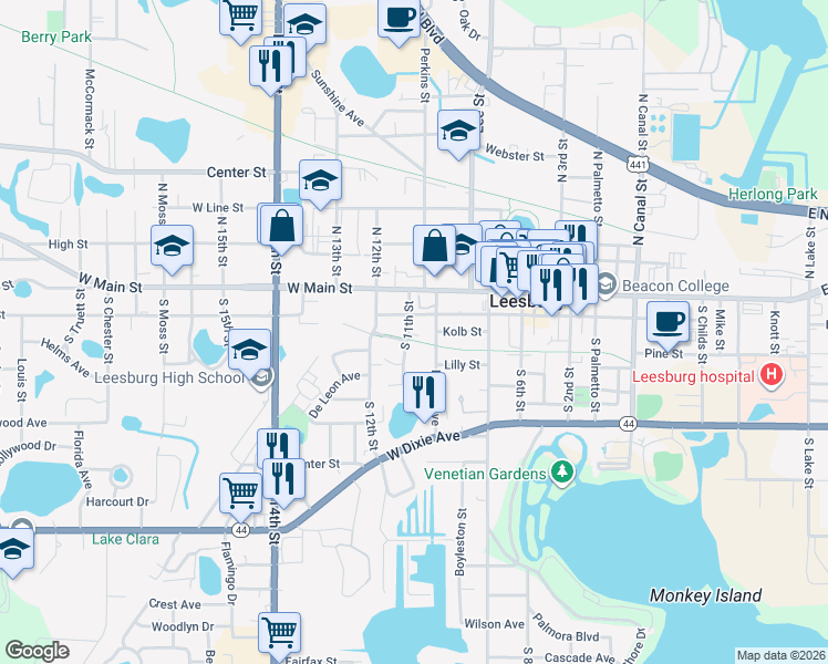 map of restaurants, bars, coffee shops, grocery stores, and more near 1031 West Magnolia Street in Leesburg