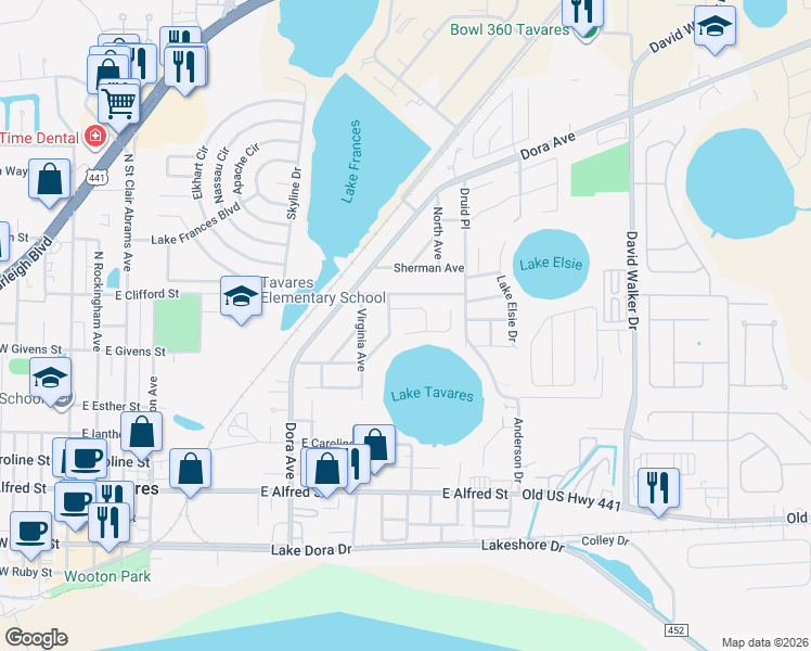map of restaurants, bars, coffee shops, grocery stores, and more near 1319 Cove Place in Tavares