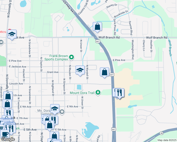 map of restaurants, bars, coffee shops, grocery stores, and more near 1508 Jefferson Drive in Mount Dora