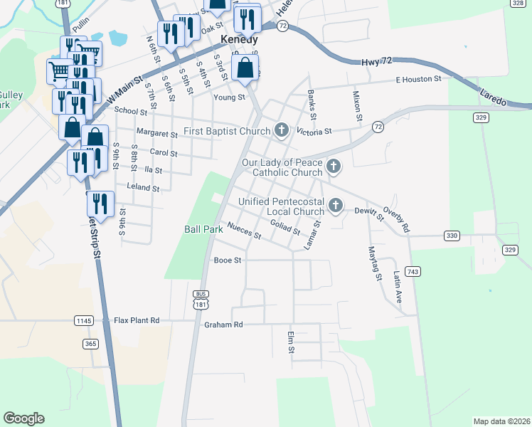 map of restaurants, bars, coffee shops, grocery stores, and more near 821 Saint Mary's Street in Kenedy