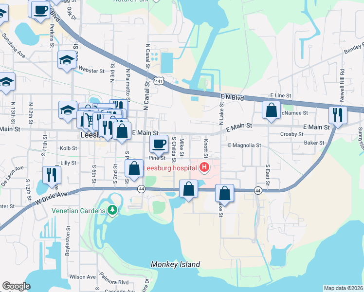 map of restaurants, bars, coffee shops, grocery stores, and more near 517 East Main Street in Leesburg