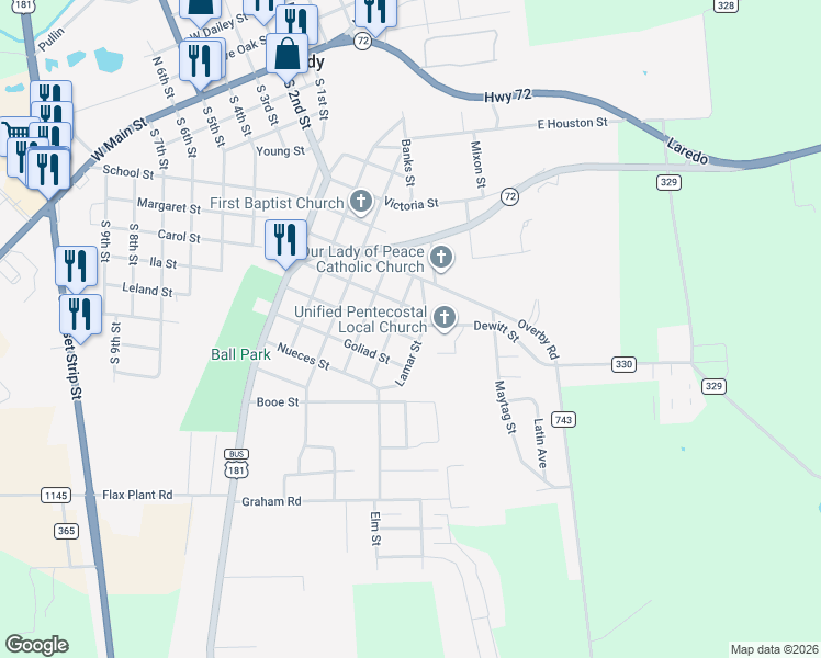 map of restaurants, bars, coffee shops, grocery stores, and more near 129 Lamar Street in Kenedy