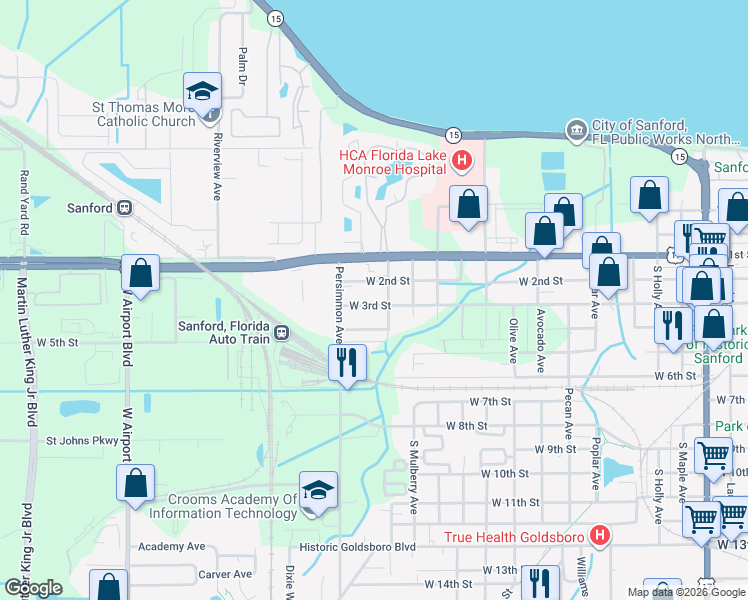 map of restaurants, bars, coffee shops, grocery stores, and more near 1819 West 2nd Street in Sanford