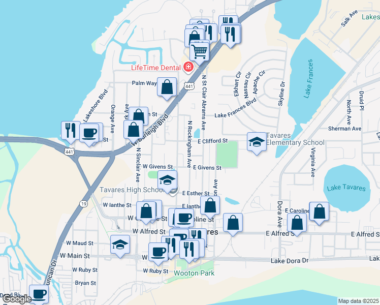 map of restaurants, bars, coffee shops, grocery stores, and more near 916 North New Hampshire Avenue in Tavares