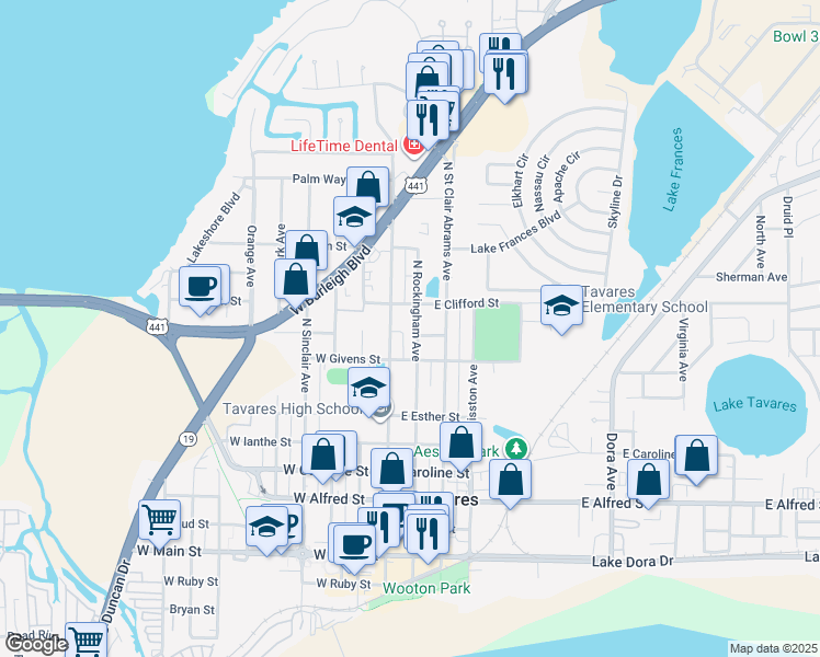 map of restaurants, bars, coffee shops, grocery stores, and more near 905 North Rockingham Avenue in Tavares