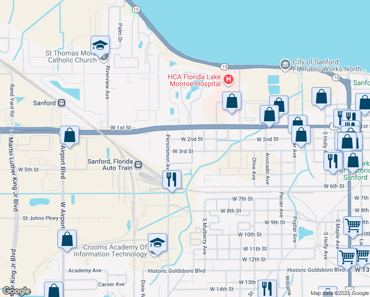 map of restaurants, bars, coffee shops, grocery stores, and more near 1819 West 2nd Street in Sanford
