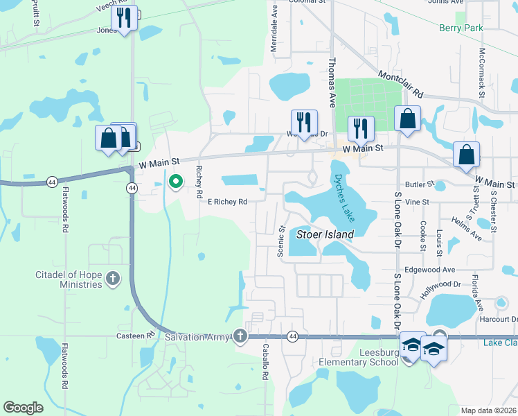 map of restaurants, bars, coffee shops, grocery stores, and more near 2710 East Richey Road in Leesburg