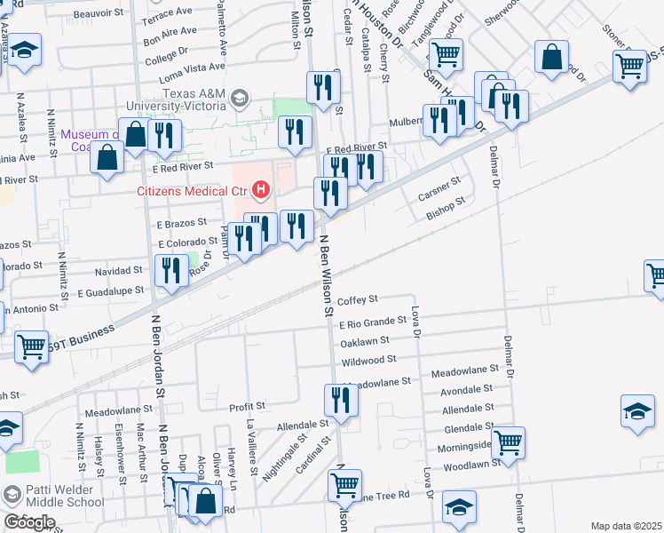 map of restaurants, bars, coffee shops, grocery stores, and more near 2308 North Ben Wilson Street in Victoria