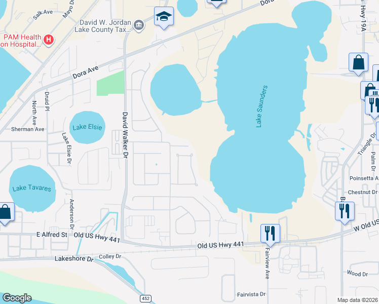 map of restaurants, bars, coffee shops, grocery stores, and more near 31708 Merry Road in Tavares