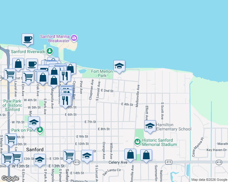 map of restaurants, bars, coffee shops, grocery stores, and more near 1010 East 2nd Street in Sanford