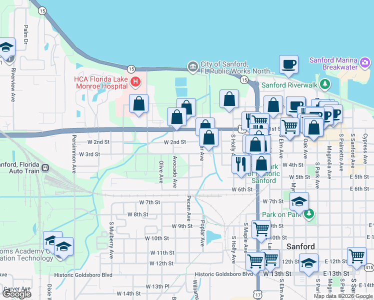 map of restaurants, bars, coffee shops, grocery stores, and more near 1101 West 2nd Street in Sanford