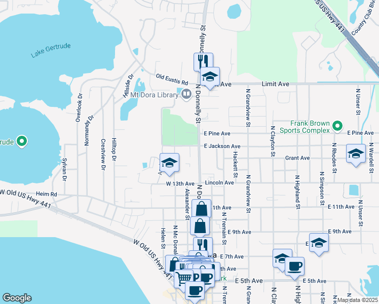 map of restaurants, bars, coffee shops, grocery stores, and more near 1516 Alexander Street in Mount Dora