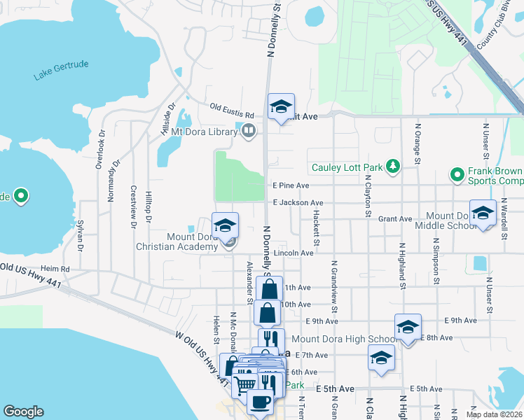 map of restaurants, bars, coffee shops, grocery stores, and more near 1515 North Donnelly Street in Mount Dora