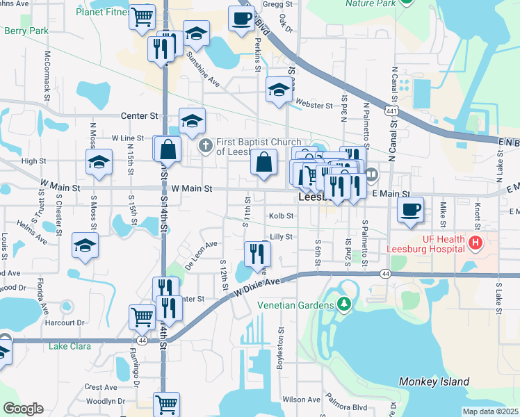 map of restaurants, bars, coffee shops, grocery stores, and more near 1031 West Magnolia Street in Leesburg