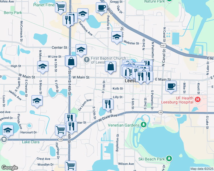 map of restaurants, bars, coffee shops, grocery stores, and more near 1031 West Magnolia Street in Leesburg