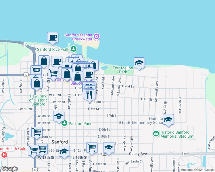 map of restaurants, bars, coffee shops, grocery stores, and more near 609 East 2nd Street in Sanford