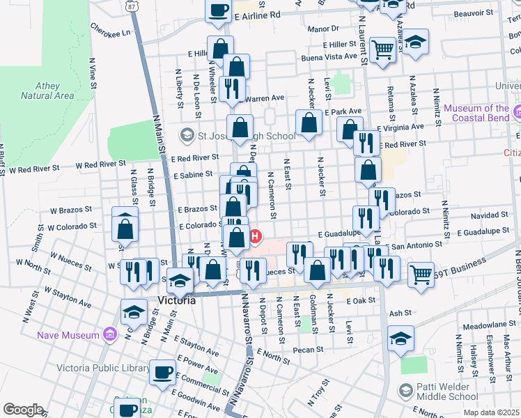 map of restaurants, bars, coffee shops, grocery stores, and more near 508 East Brazos Street in Victoria