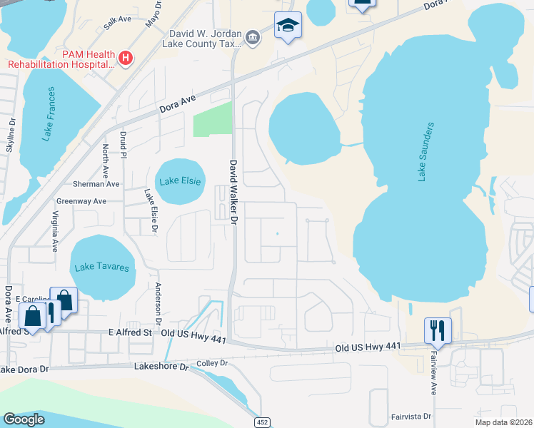 map of restaurants, bars, coffee shops, grocery stores, and more near 2255 Merry Road in Tavares