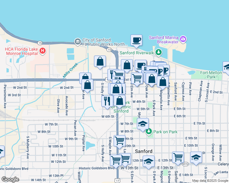 map of restaurants, bars, coffee shops, grocery stores, and more near 201 South French Avenue in Sanford