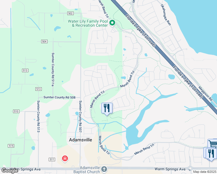 map of restaurants, bars, coffee shops, grocery stores, and more near 5054 Sanwald St in The Villages